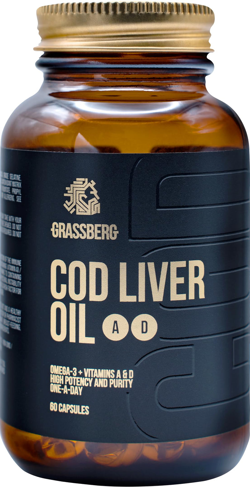 [Australia] - GRASSBERG - Cod Liver Oil + A + D | Cod liver oil + A + D | Supports the heart, immune system and metabolism - 60 capsules 