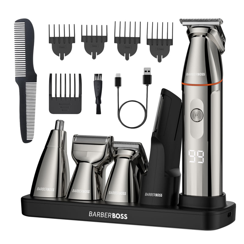 [Australia] - BarberBoss Beard Trimmer, Hair Clipper for Men, 5 in 1 Grooming Kit for Men, Beard Trimmer Set for Men, Detail Shaver, Precision Hair Trimmer for Nose, Ears and Body, QR-6010 