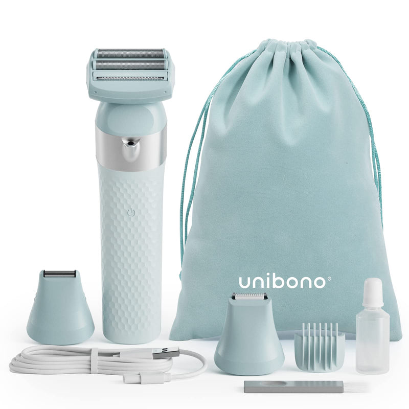 [Australia] - Unibono All-in-one women's razor electric kit, lady shaver electric with LED light for intimate area, bikini razor wet and dry, light blue 