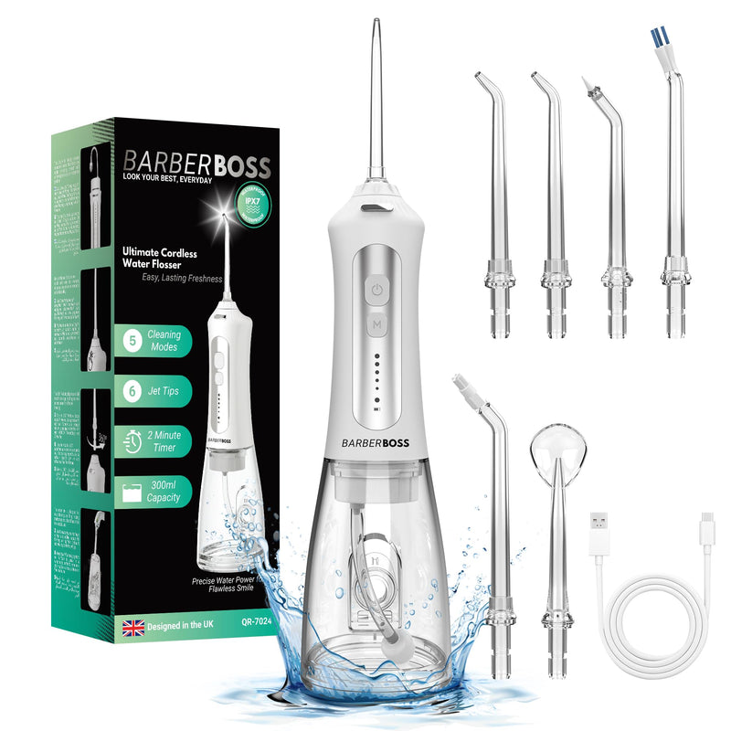 [Australia] - BarberBoss Water Flosser, Plaque Remover for Teeth, Oral Irrigator, Electric Dental Flosser, Dental Irrigator with 5 Nozzles and Cleaning Modes, Portable Oral Irrigator, QR-7024 (White) 