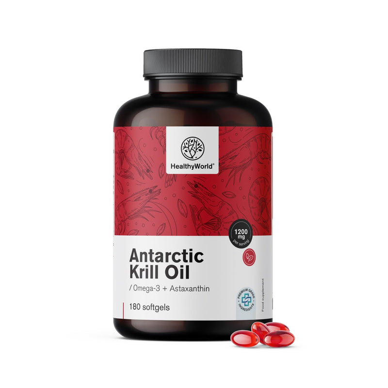 [Australia] - HealthyWorld® Krill Oil 1200 mg - 180 soft capsules - Omega-3 + Astaxanthin - Without gluten, lactose and artificial flavors - 3-month supply - Supports heart and circulatory function 