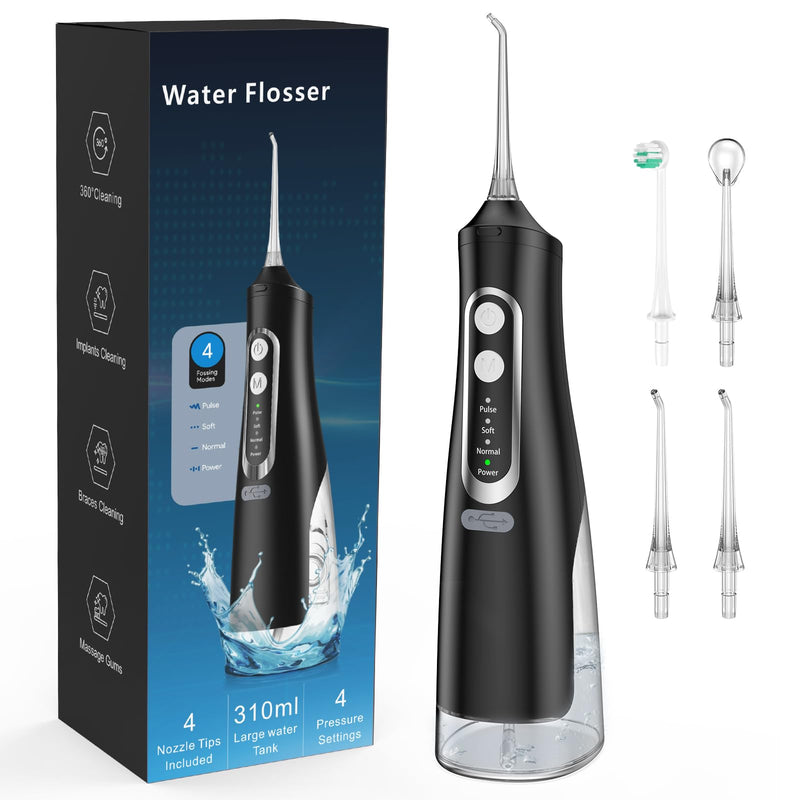 [Australia] - Powerful Oral Irrigator Electric Tooth Cleaner 4 Modes & 4 Nozzles Wireless Oral Irrigator IPX7 Waterproof Water Flosser 310ML Removable Water Tank for Ten Home and Travel Use Black 