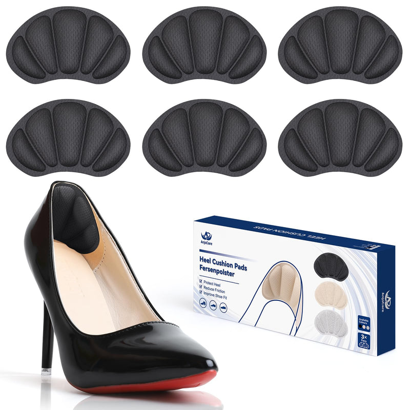 [Australia] - AnjoCare Heel Pads, 3 Pairs of Self-Adhesive Heel Pads for Loose Shoes, Non-Slip Heel Pads for Sneakers, High Heels and Oversized Leather Shoes Black 
