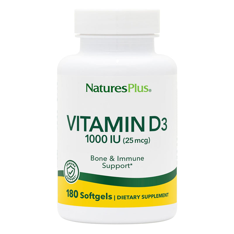 NaturesPlus Vitamin D3 1,000 IU 180 Softgels Capsules - Active Vitamin D Supplement - Immune Support, Bones, Muscle, Teeth, Calcium Absorption - Easy to Swallow, Gluten Free - 3 Months Supply