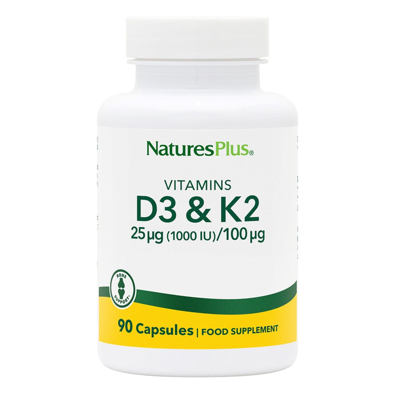 NaturesPlus Vitamin D3 Vitamin K2-1000 IU Vitamin D Supplement with 100 mcg Vitamin K – Bones and Immune System Support - Gluten Free, Vegetarian - 90 Capsules