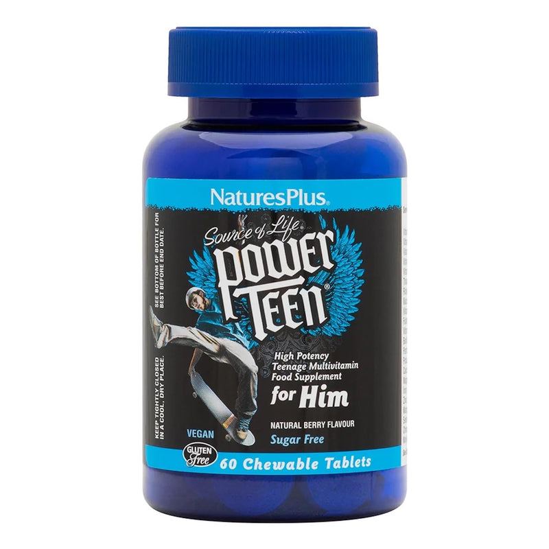 NaturesPlus Power Teen for Him - Tasty Plant Based Chewable Multi Vitamins and Minerals for Teen Boys - Vegan, Gluten Free - 60 Wild Berry Flavour Tablets