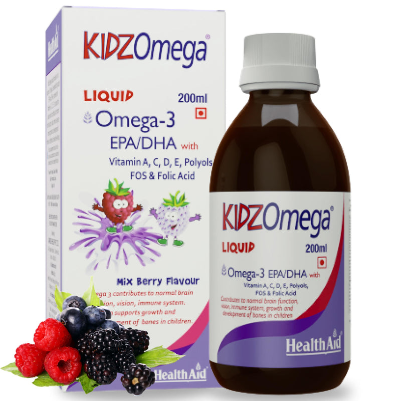 HealthAid KidzOmega Liquid - High Strength Omega 3 Fish Oil for Kids - with Vitamin A, C, D, E & Folic Acid – for Brain Development, Vision & Immunity - Wild Berry Flavour - 200ml