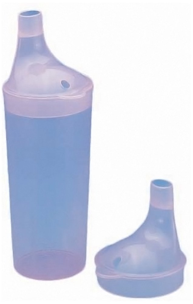 Drinking/Feeding Cup with 2 Spouts and Straw Holes. Small/Narrow Spout allows for drinking Liquids, Larger/Wider Spout for more Solid or Blended Food. Easy to hold and use. Reduces risk of Spillage. 250 milliliters