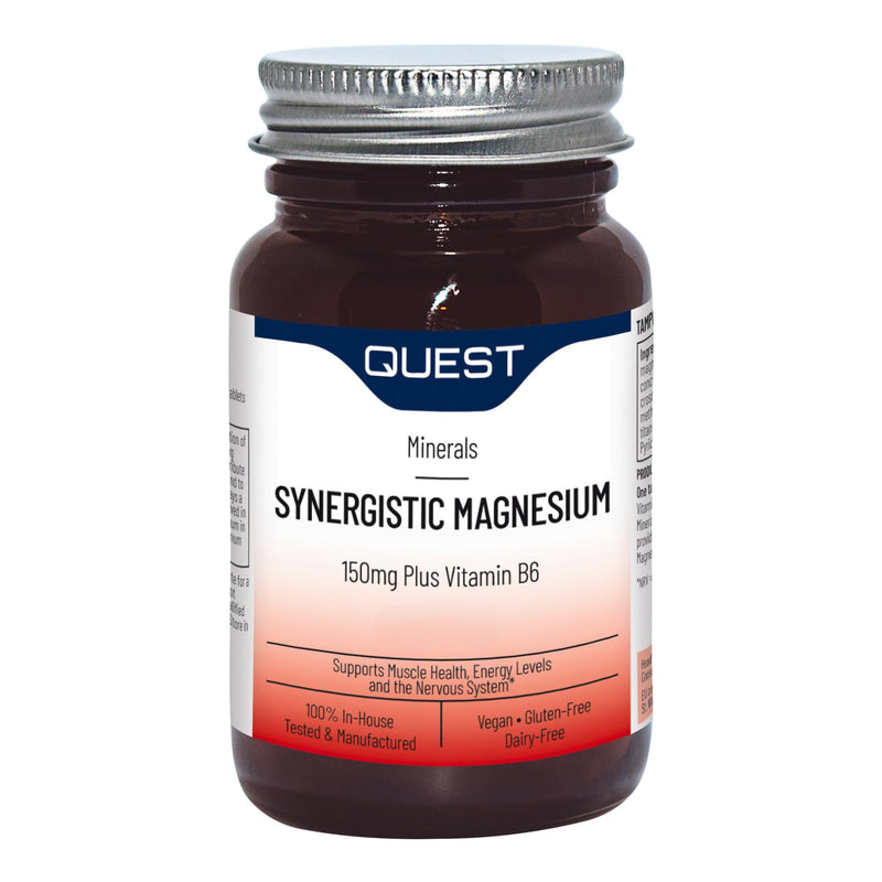 Quest Synergistic Magnesium 150mg Plus Vitamin B6-60 Tablets. Essential for Energy Production & Muscle Function. Supports Heart Health & Nervous System, Gluten-Free, Dairy-Free, Vegan. (60 Capsules) 60 count (Pack of 1)