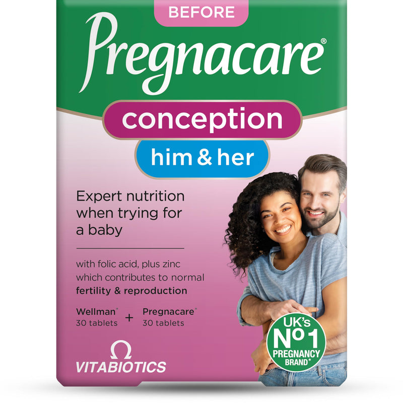 Pregnacare Conception Support for Couples - Pregnancy Vitamins - UK's No.1 Pregnancy Brand. Greater Prenatal Care for Women, Supplement with Added Omega-3 DHA for Normal Brain and Eye Development Unflavoured 60 count (Pack of 1)