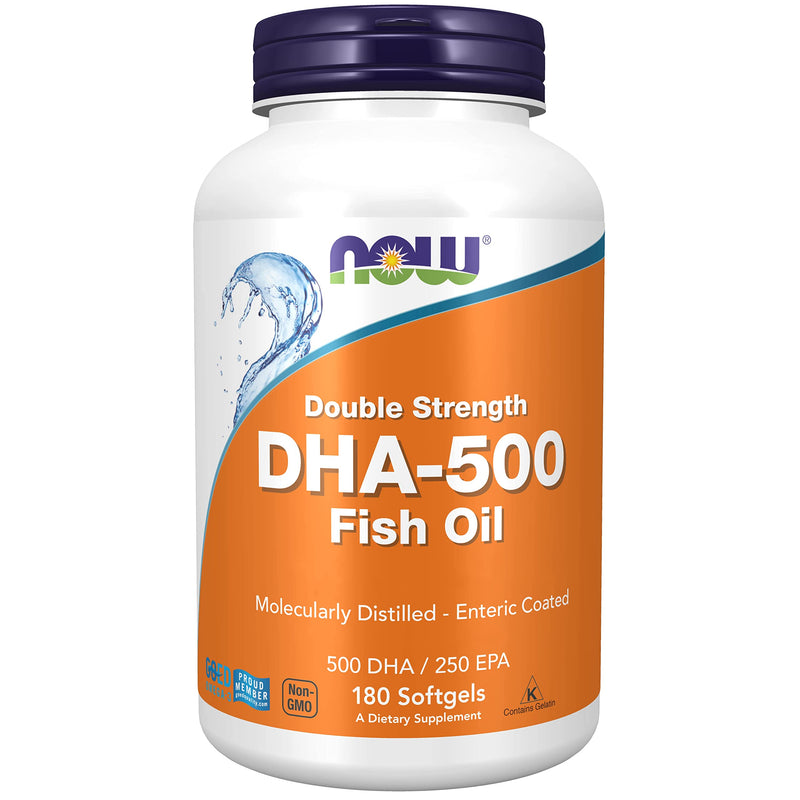 Now Foods, DHA-500, Double Strength, 180 Softgels, Lab-Tested, Fish Oil, EPA, Vitamin E, Gluten Free, Non GMO