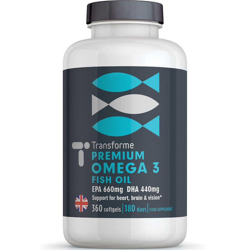 Omega 3 Fish Oil 2000mg, 2 x 1000mg Capsules High Strength Serving 660mg EPA and 440mg DHA, 360 Omega 3 Fatty Acids Softgels Supporting Heart, Brain and Eye Health, 6 Month Supply from Transforme 1 count (Pack of 360)