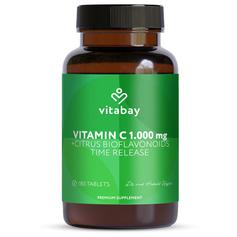 Vitabay Vitamin C 1000mg - 180 Vegan Slow Release Vitamin C Tablets - Buffered VIT with Citrus Bioflavonoids (50mg) - Natural from Plant Fermentation with Acacia Fibers - Laboratory Tested 256 g (Pack of 1)