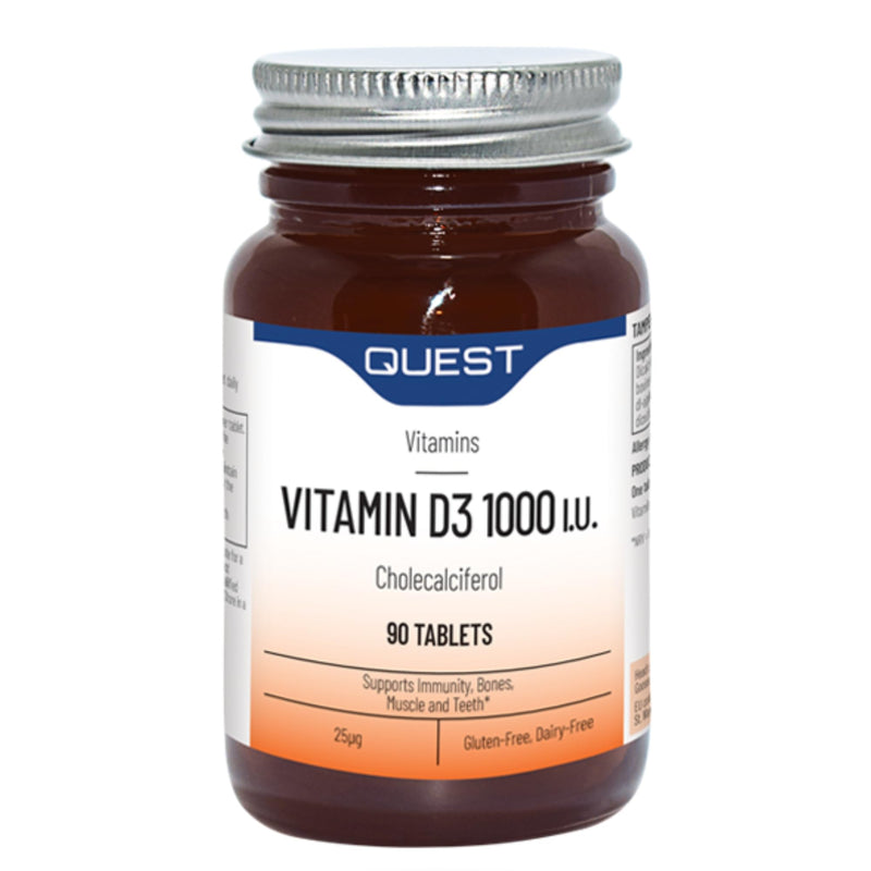 Quest - Vitamin D3 1000i.u High Strength VIT D Supplements Tablets. Easy to Swallow One A Day D3 Vitamin for Immune System, Healthy Bones, Teeth and Muscles (90 Tablets) 1 count (Pack of 90)