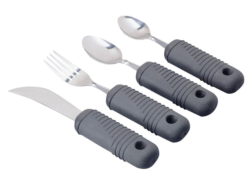 Sammons Preston Sure Grip Bendable Cutlery Set (Eligible for VAT Relief in the UK) Stainless Steel Fork, Knife, Spoons, Thick Handle with Good Grips, Eating Aid, Arthritis, Weak Grip, & Disabilities Set - Retail Packed