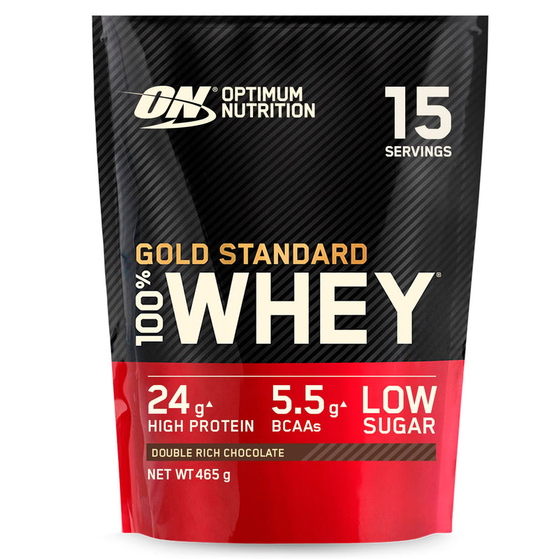 Optimum Nutrition 100% Gold Standard Whey Protein Powder, 24g Protein, Double Rich Chocolate, BCAA, low-sugar, Fast-Digesting Isolate for Muscle Gain & Recovery, 465 g, 15 Servings
