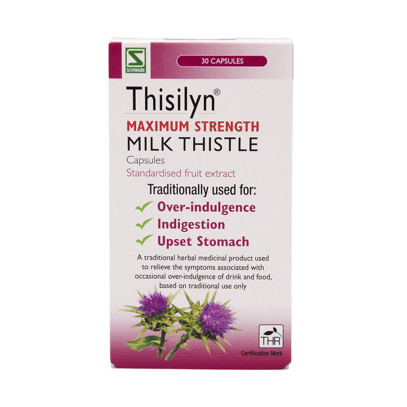 Schwabe High Strength Milk Thistle - Thisilyn Maximum Strength - Traditionally Used for Relief of Overindulgence, Indigestion, Upset Stomach - Traditional Herbal Medicinal Product - 30 Capsules