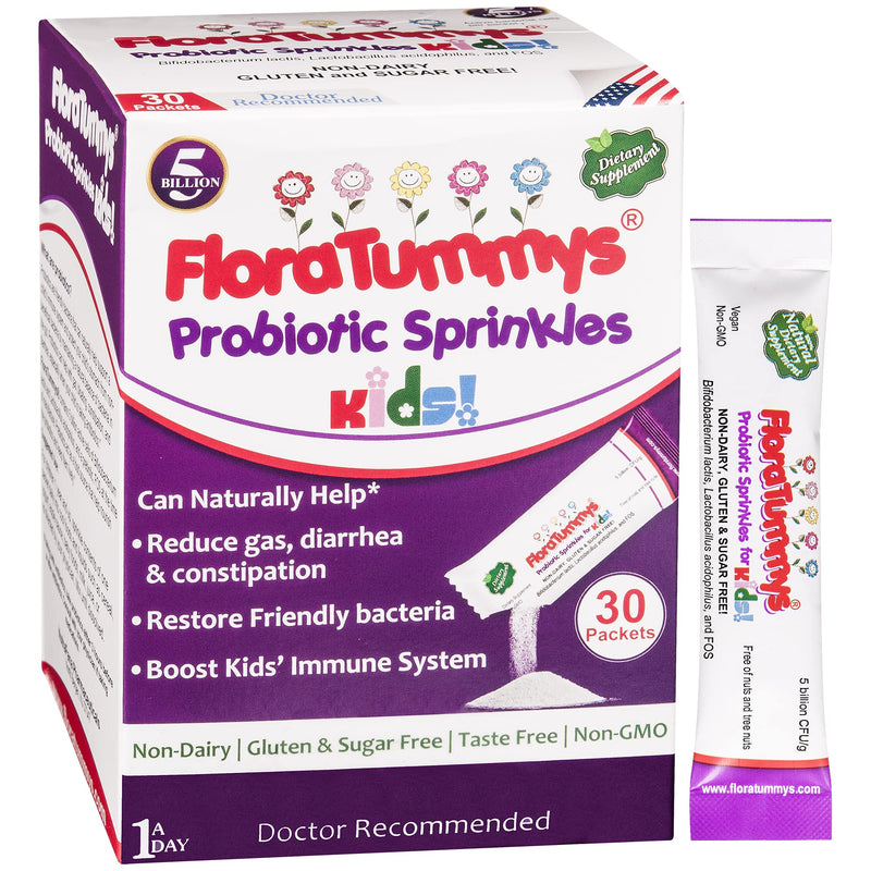 FloraTummys Probiotics for Kids: 30 Taste-Free Powder Packets, Free of Food Allergens, Non-Dairy, Gluten-Free, Sugar-Free, Vegan, Non-GMO, Kids Prebiotic