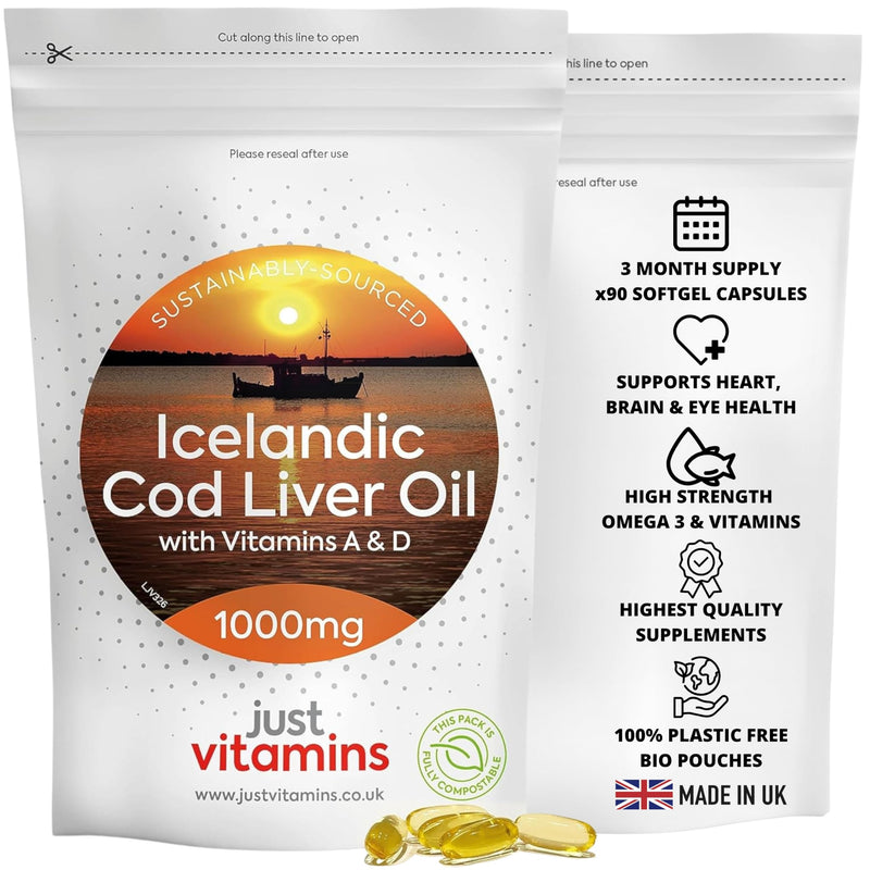Icelandic Cod Liver Oil 1000mg | 90 Premium Softgels | High Strength Omega 3 with Vitamins A & D | Supports Heart, Brain & Eye Health | UK Made - Just Vitamins
