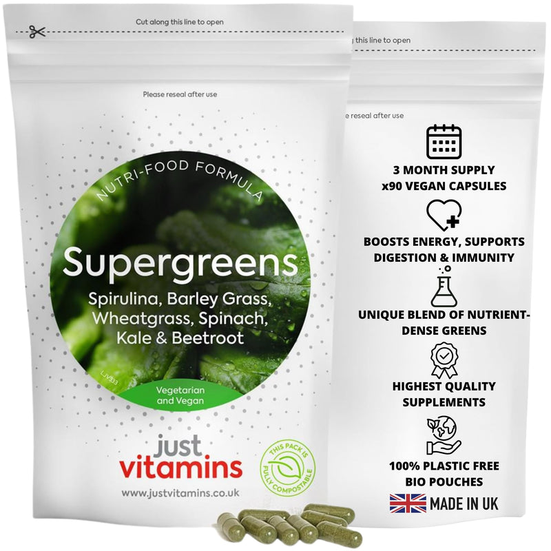 Vegan Super Greens Complex | 90 Capsules | 14 Nutrient-Rich Superfoods | Energy, Immunity & Digestion Support | Non-GMO, No Fillers | UK Made - Just Vitamins