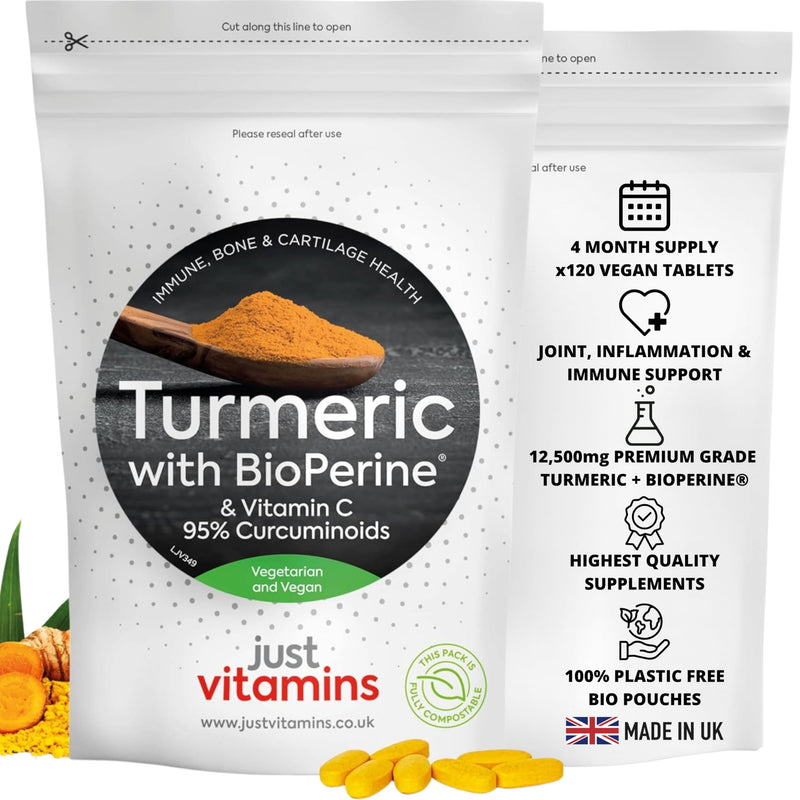 Turmeric Tablets | 12,500mg + Black Pepper BioPerine®, 475mg Curcuminoids & Vitamin C | 120 Vegan Tablets | Joint, Inflammation & Immune Support | UK Made - Just Vitamins 120 count (Pack of 1)