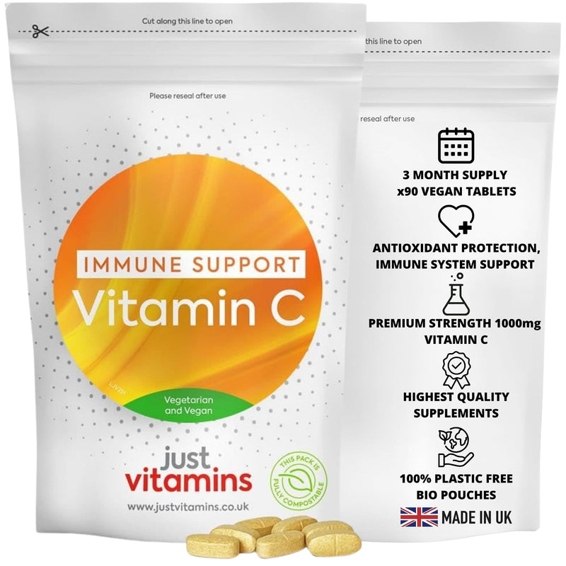 Vitamin C 1000mg | 90 Vegan Timed Release Tablets | High Strength Immune Support | Antioxidant Protection | Collagen Formation | Energy & Skin Health | Non-GMO | UK Made - Just Vitamins