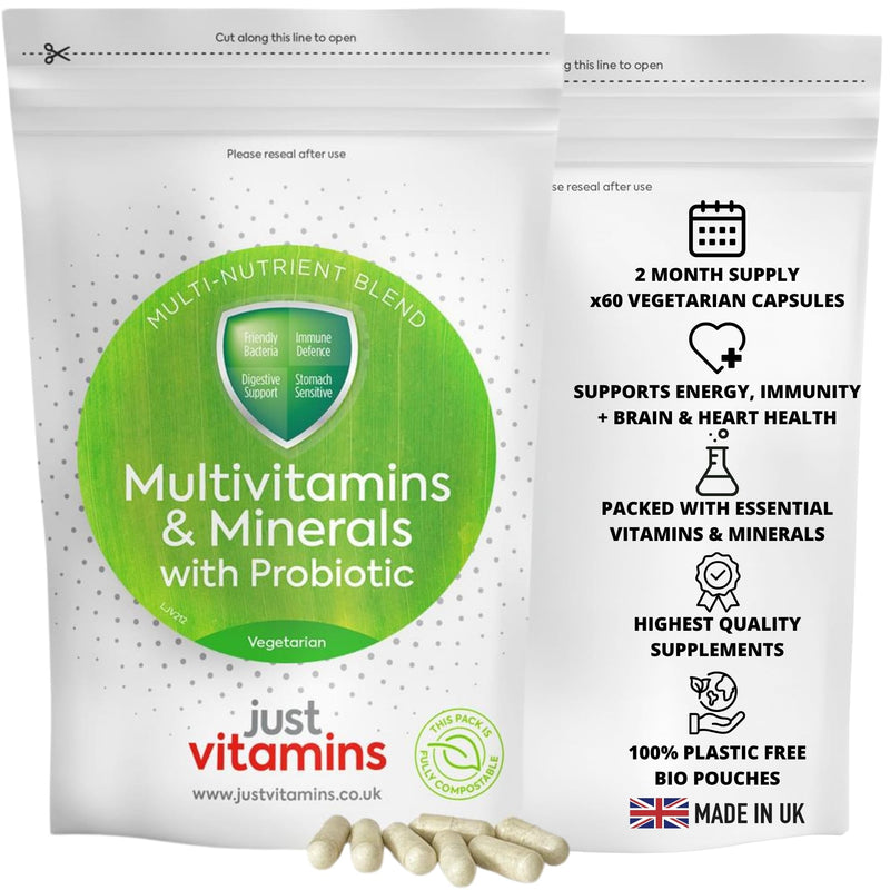 Probiotic Multivitamins & Minerals | 60 Tablets | Live Lactobacillus Acidophilus, Prebiotics, Zinc, Vitamin D, Iron & B-Complex | Gut Health & Immune Support | Just Vitamins - Made in UK
