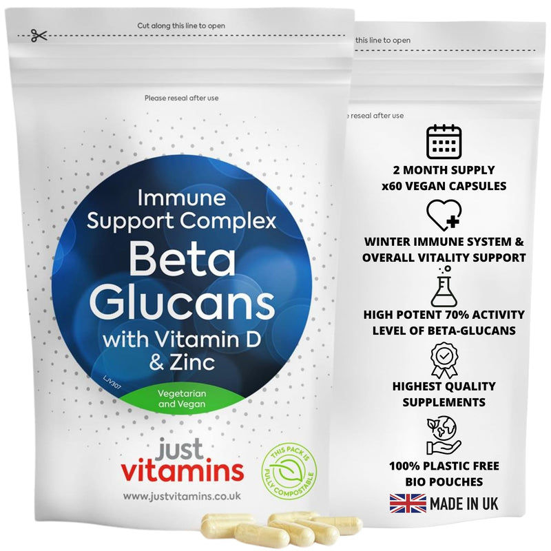 Beta Glucans 200mg 1,3/1,6 with Vitamin D & Zinc | 60 Vegan Capsules | Winter Immune System Support, Boosts Natural Defenses, Enhances Overall Health | UK Made - Just Vitamins 90 count (Pack of 1)