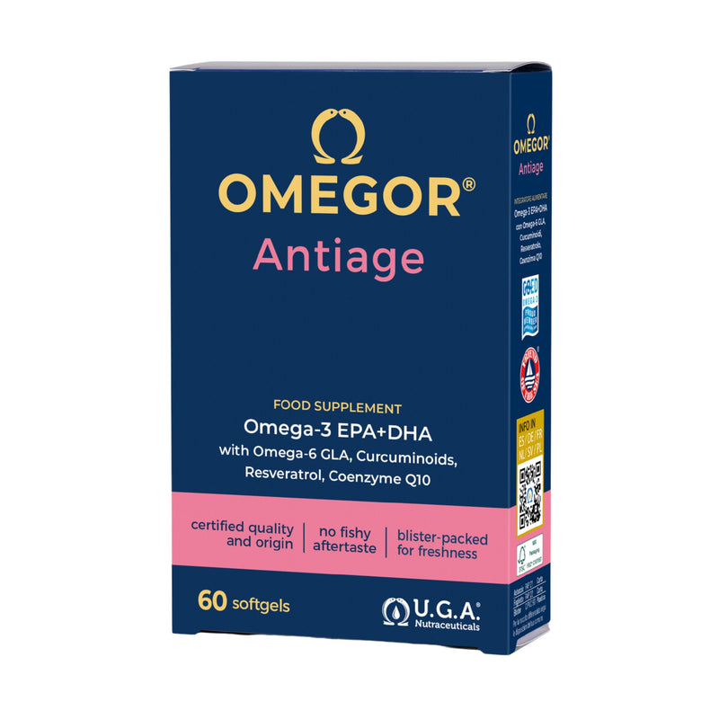 OMEGOR Antiage Skin Supplement with Omega 3 EPA/DHA and Omega 6 GLA, Resveratrol, Turmeric, Alpha Lipoic Acid, Coenzyme Q10, Tocotrienols, 60 Capsules