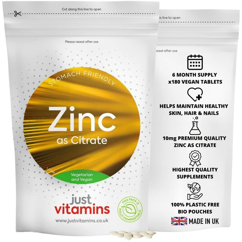 Zinc Citrate 10mg | 100% NRV of Zinc per Tablet | Healthy Bones, Skin, Eyes, Hair & Nails | Cognitive Function & Immune System Support | 180 Vegan Tablets | UK Made - Just Vitamins 1 count (Pack of 180)