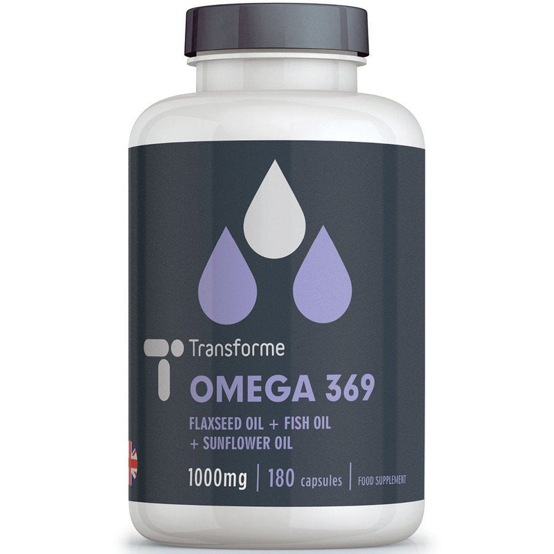 Omega 3 6 9 Fish Oil 1000mg 180 Capsules, Fish, Flaxseed & Sunflower Seed Oils, EPA, DHA, ALA, LA, Oleic Acid, Gluten Free, by Transforme