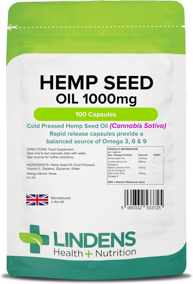 Lindens - Hemp Seed Oil 1000mg, 100 Capsules - UK Made - Source of Omega 3, 6 & 9 - Joint Care, Heart Health, Overall Wellbeing - Cold Pressed Hemp Seed Oil - Letterbox Friendly