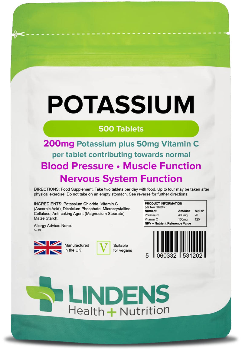 Lindens - Potassium 200mg, 500 Tablets - with 50mg Vitamin C Per Tablet - UK Made - Contributing to Normal Blood Pressure, Muscle and Nervous System Function - Letterbox Friendly, Vegan 500 count (Pack of 1)