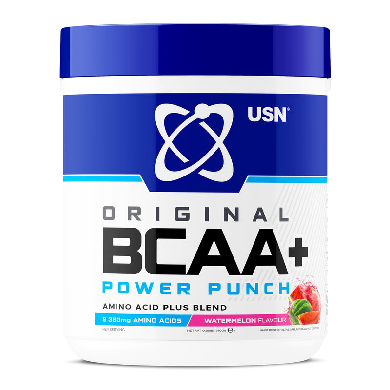 USN Power Punch BCAA Amino Acids Powder, Watermelon Flavour - 400g, Vegan BCAA Powder, Vitamin B6 & No Sugar, Pre Workout or Intra Workout Energy Drink Mix & Dietary Supplement to Maximise Performance 36 Servings (400 g, Pack of 1)