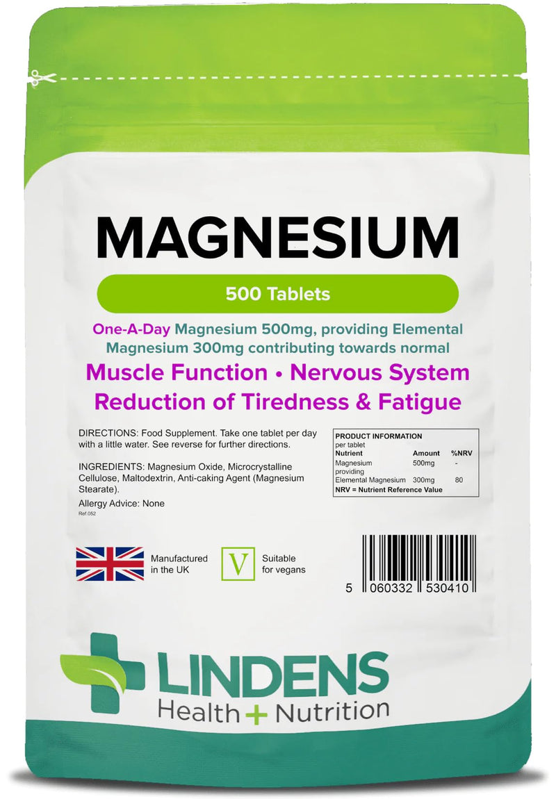 Lindens - Magnesium 500mg - 500 Tablets - UK Made, Reduces Tiredness & Fatigue, Supports Muscle & Nervous System Function - Bones & Teeth Health - Vegan, GMP & Letterbox Friendly 500 Tablets (Pack of 1)