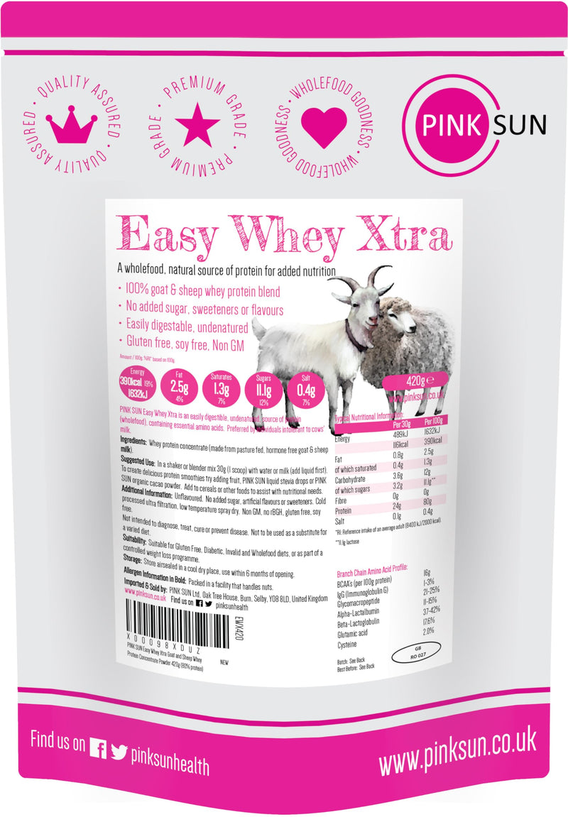 PINK SUN Goat Sheep Whey Protein Powder 420g (80% Protein) Pure Unflavoured Concentrate Soy Free Gluten Free Undenatured Non GM Easy Whey Xtra 420g (Pack of 1)