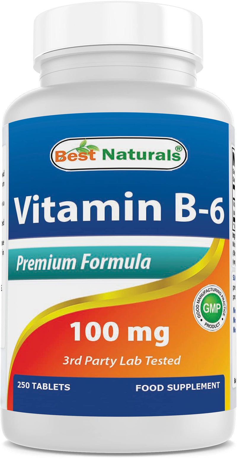Vitamin B-6 100 mg 250 Tablets by Best Naturals -- Supports Casrdiovascular Health -- Manufactured in a USA Based GMP Certified Facility and Third Party Tested for Purity. Guaranteed!! (250 Tablets, 100 mg) (250 Count (Pack of 1)) 250 count (Pack of 1)
