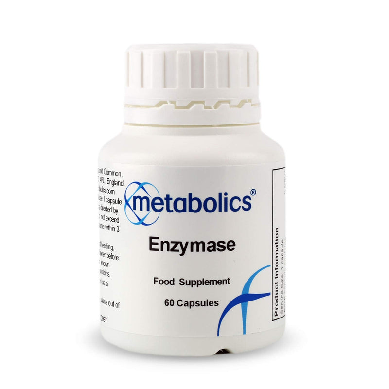 Metabolics Enzymase Digestive Enzyme Complex, 9 Plant Enzymes with Bromelain, Papain & Lactase — UK Made GMP Certified — Vegan Capsules, Digestive Comfort & Gut Health — 60 Count