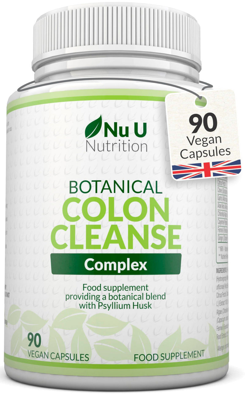 Colon Cleanse Detox Complex - 90 Vegan Capsules - 11 Prebiotic, Fibre & Herbal Ingredients - Psyllium Husk, Aloe, Dandelion & More - Made in the UK - Nu U Nutrition