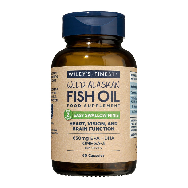 Wiley's Finest Wild Alaskan Fish Oil Easy Swallow Minis - Omega-3 Fish Oil Supplement for Adults and Kids - Double-Strength 630mg EPA and DHA Natural Supplement - 60 Mini Softgels (30 Servings) 60 count (Pack of 1)
