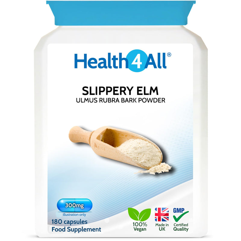 Health4All Slippery Elm 300mg 180 Capsules, Digestive Health & Acid Reflux Support. Vegan Digestive Support Supplement, Ulmus Rubra Inner Bark Powder, Stomach Soothe, Gluten Free | Made in UK 180 count (Pack of 1)