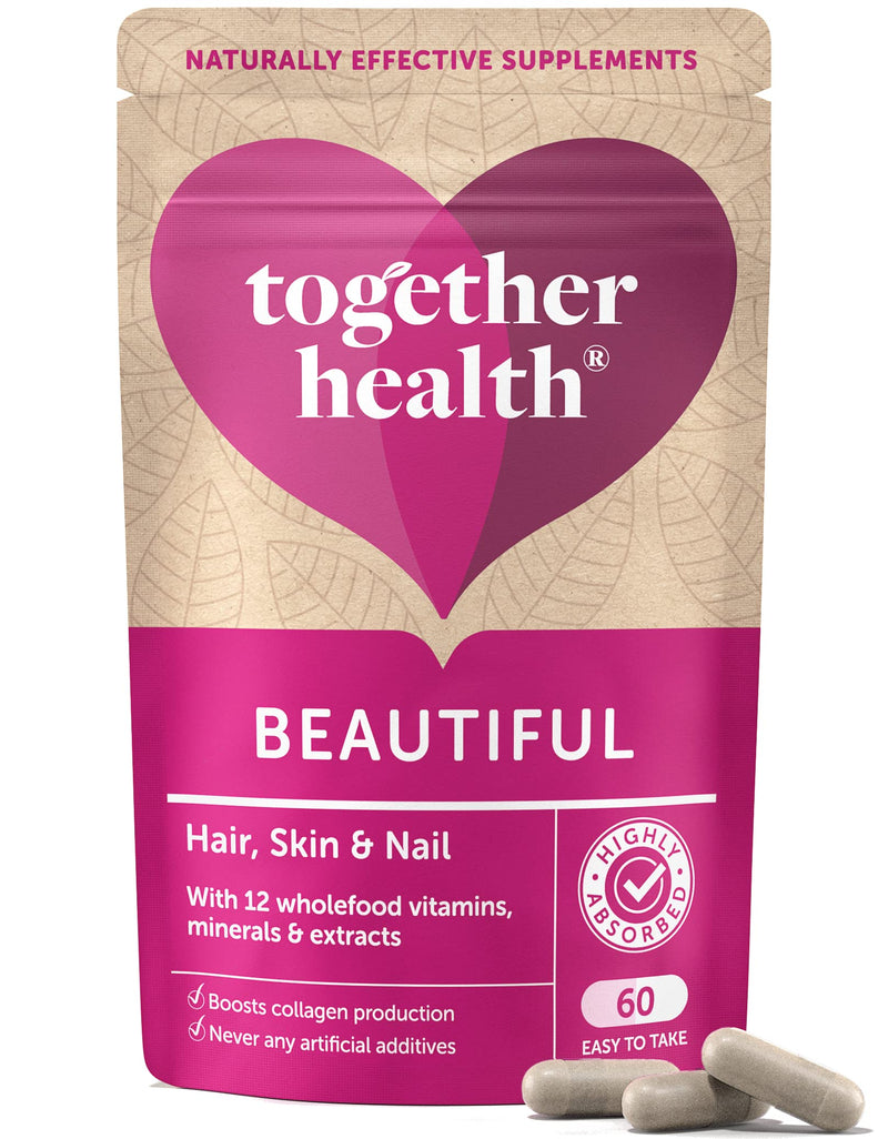 Beautiful Hair, Skin & Nail Daily – Together Health – Whole Food Nutrients – 10 Beauty-Specific Vitamins & Minerals – Hyaluronic Acid – Natural Silica – Vegan Friendly – Made in The UK – 60 Vegecaps Unflavoured 1 count (Pack of 60)