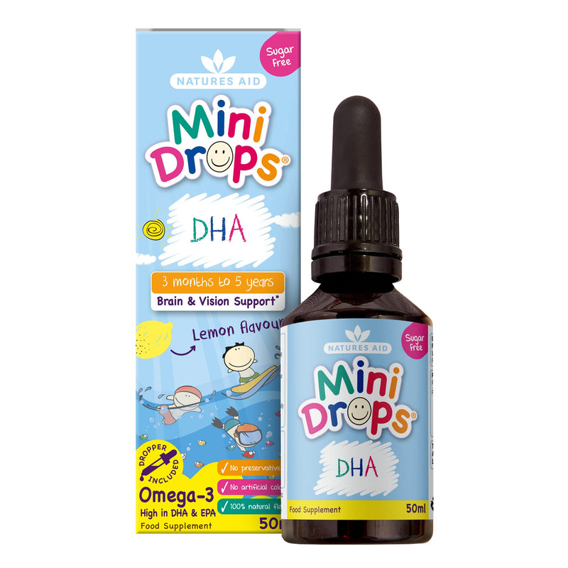 Natures Aid DHA Omega-3 Mini Drops for Babies & Kids 50ml – Supports Brain & Vision Health – Sugar-Free, Vegan, Gluten-Free, Non-GMO – Growth Support for Children Age 0-5 Years Old Dropper Included DHA Omega-3 Liquid Drops 50ml