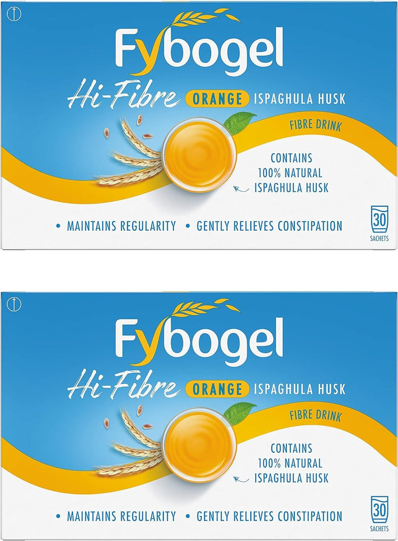 Fybogel Sachets, Orange, 30 Sachets X 2, 60 Total, Ispaghula Husk, Fibre Supplement, Constipation Relief for Adults, Laxatives, Bloating Relief, Works Naturally, Laxatives, Digestion and Nausea