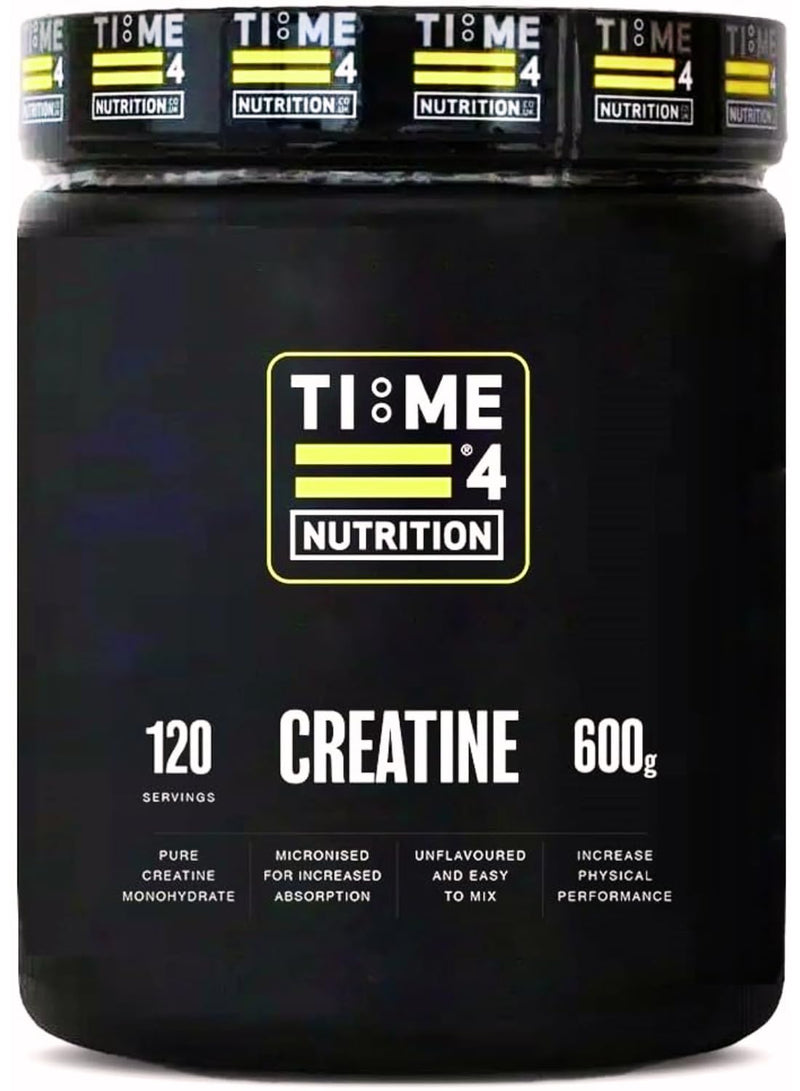 Time 4 Creatine Powder 600g - 120 x 5g Servings - Micronised Creatine Monohydrate Powder, Unflavoured 100% Pure Premium Grade Creatine Monohydrate, Easy to Mix, Vegan Friendly, Gluten Free, No Filler 600 g (Pack of 1)