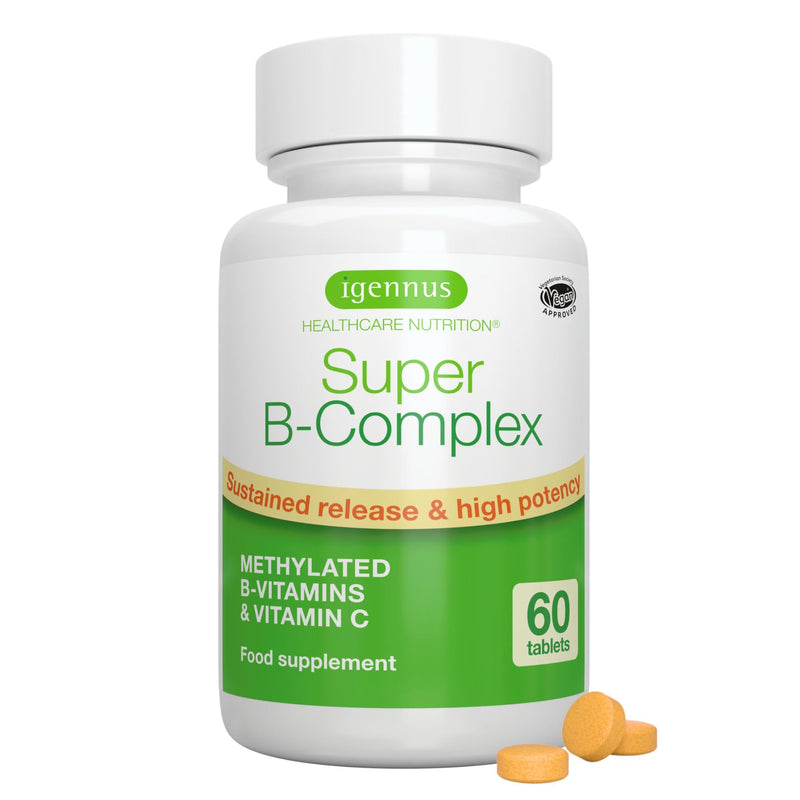 Igennus Super B-Complex - High Absorption Methylated B Vitamins, Clean Label, Sustained Release - Complete Spectrum of B Vitamins with Folate, Boosted B12 & Vitamin C, 60 Tablets 60 count (Pack of 1) Tablet
