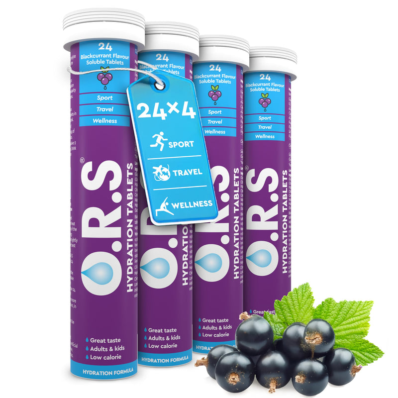 O.R.S Hydration Tablet with Electrolytes for Rehydration, Wellness, Travel, Sports & Recovery | Vegan, Gluten-Free & Low-Calorie Electrolyte Tablets with Natural Blackcurrant Flavour, 96 Tablets Blackcurrant (Hydration) 24 count (Pack of 4)