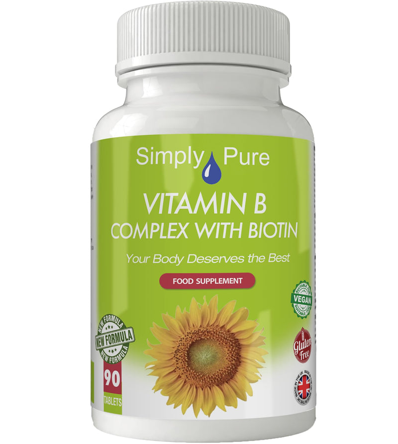 Vitamin B Complex with Biotin for Tiredness, Hair Strength & Growth and Immunity Boost | New Formula | 195mg Tablets x 90 | Gluten Free | GM Free | Vegan