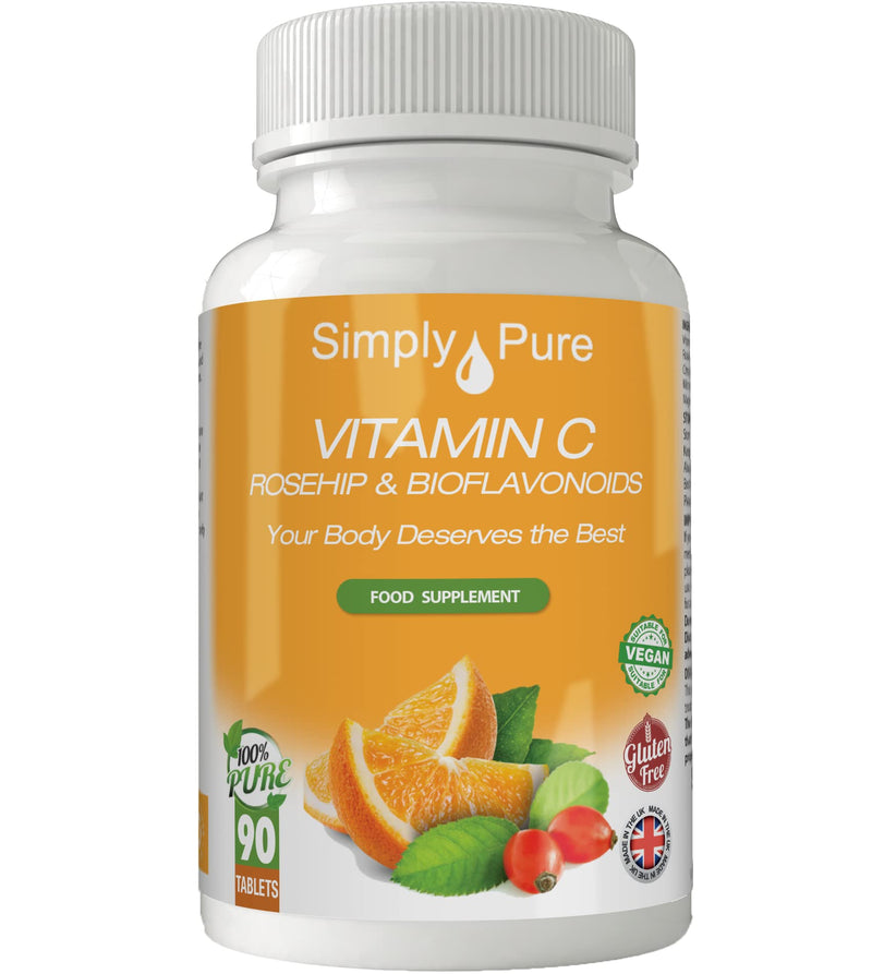 100% Natural Vitamin C from Rosehips & Citrus Bioflavonoids for Immunity and Collagen Boost | 1400mg Tablets x 90 | High Strength | Gluten Free | GM Free | Vegan