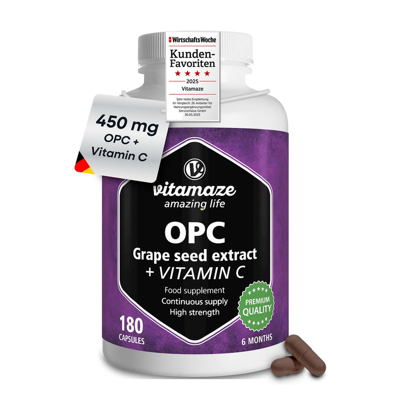 Grape Seed Extract Capsules 450mg Certified OPC +100 mg Vitamin C Antioxidant- 6 Months Supply 180 Capsules - Supplement Without Additives, Made in Germany 158.4 g (Pack of 1)